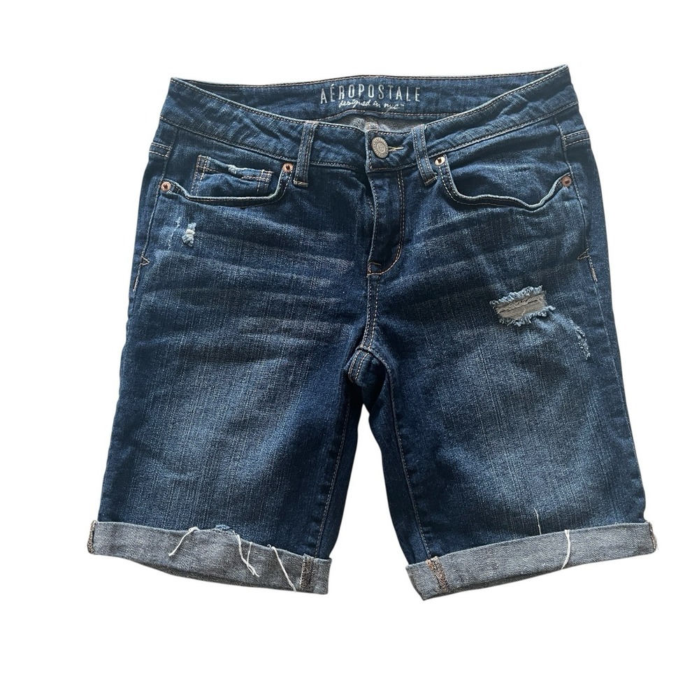 Aeropostale Women's Size 6 Bermuda Denim Shorts Distressed 9" Inseam Medium Wash
